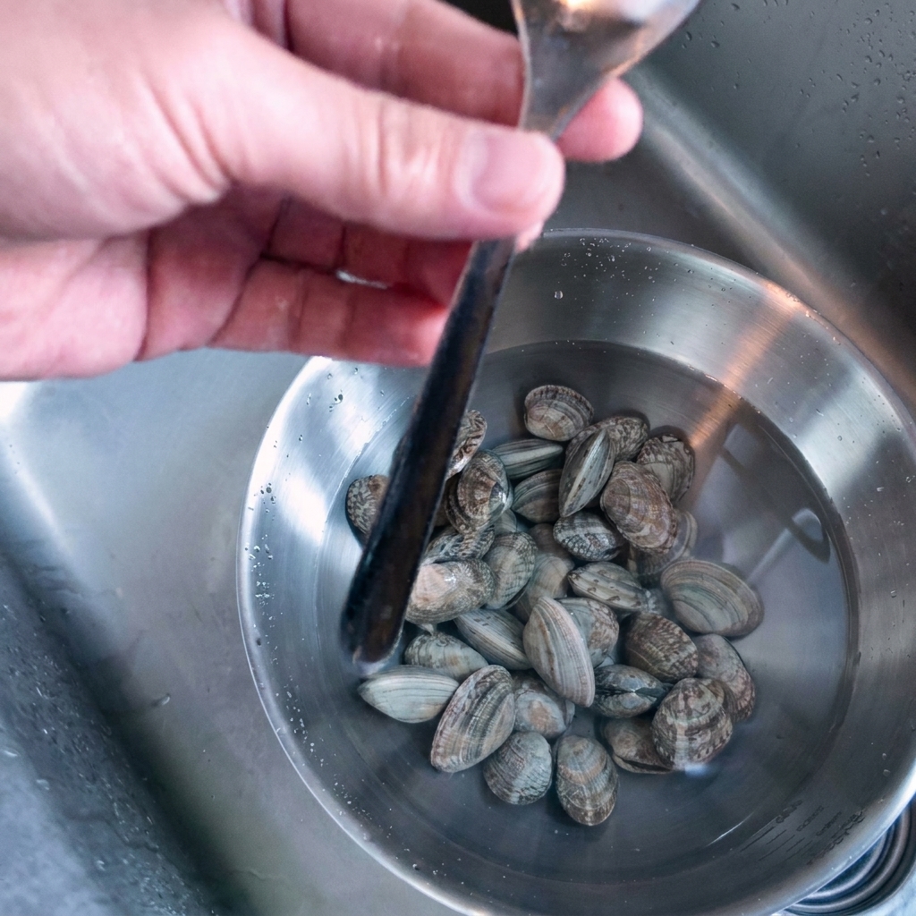 A hand holding a metal spoon over a bowl of soaking clams.