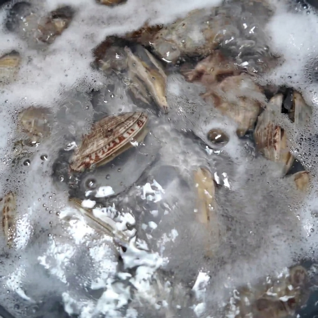 Cooked clams being lifted from the boiling water with a stainless steel mesh strainer.