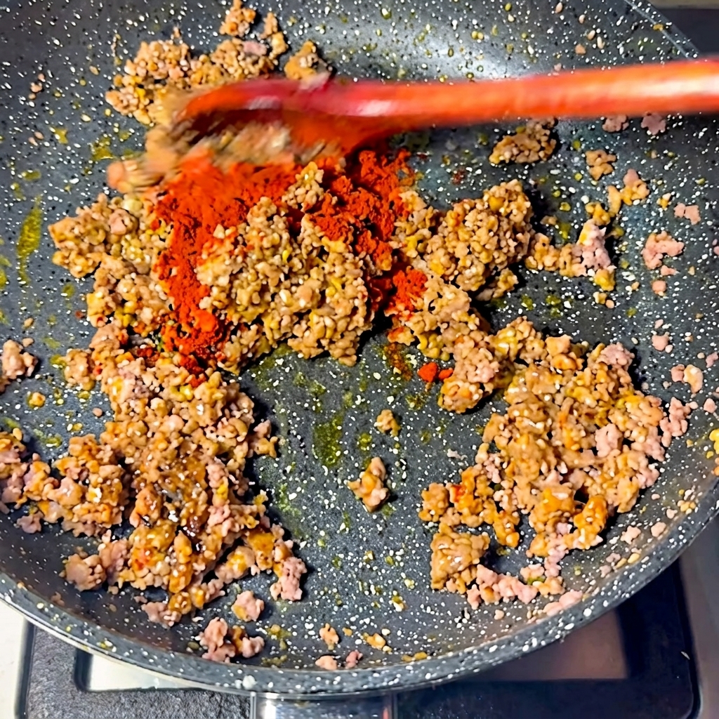 Bright red chili powder sprinkled over the savory meat mixture in a frying pan.