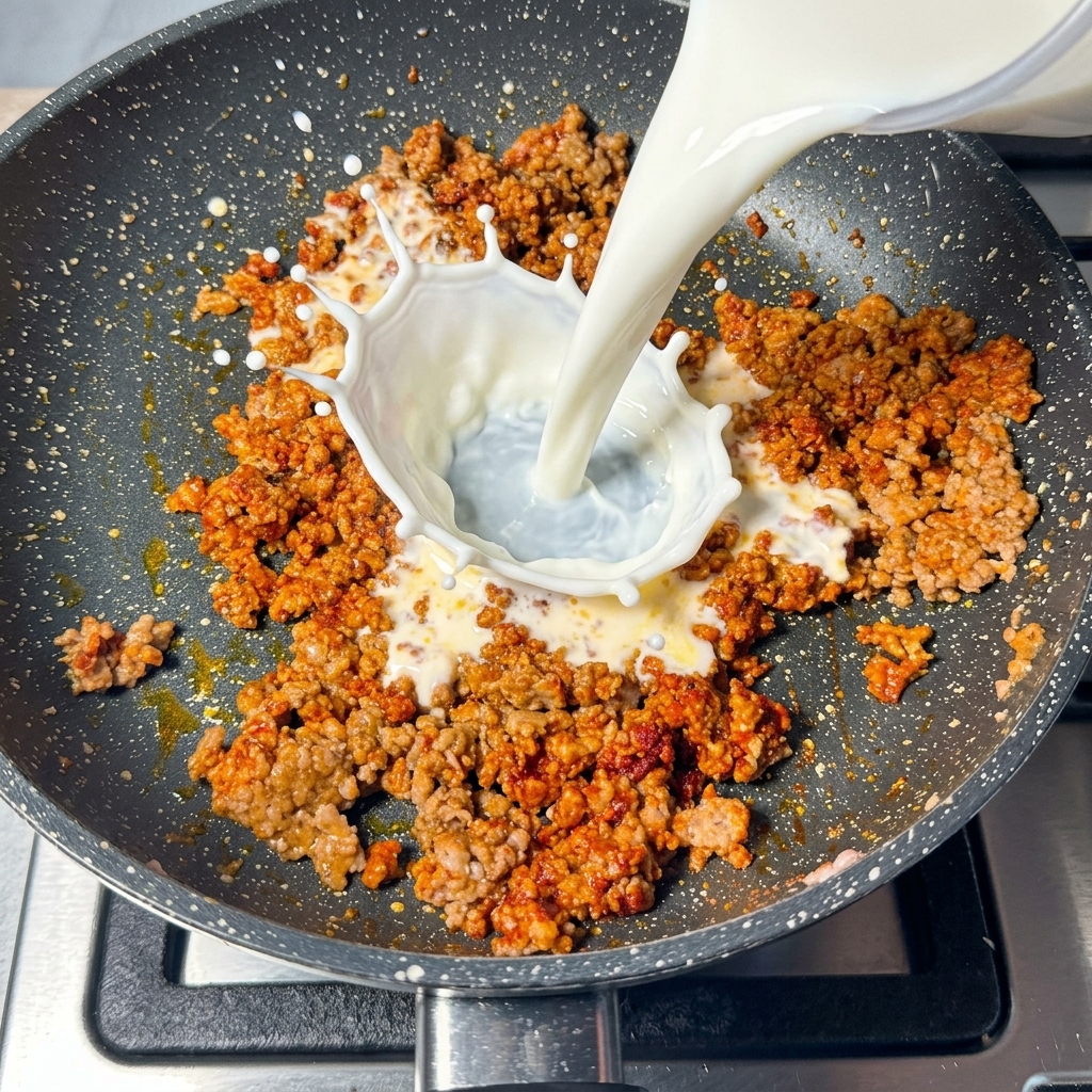 White milk splashing as it is poured from a measuring cup into the seasoned beef mixture.