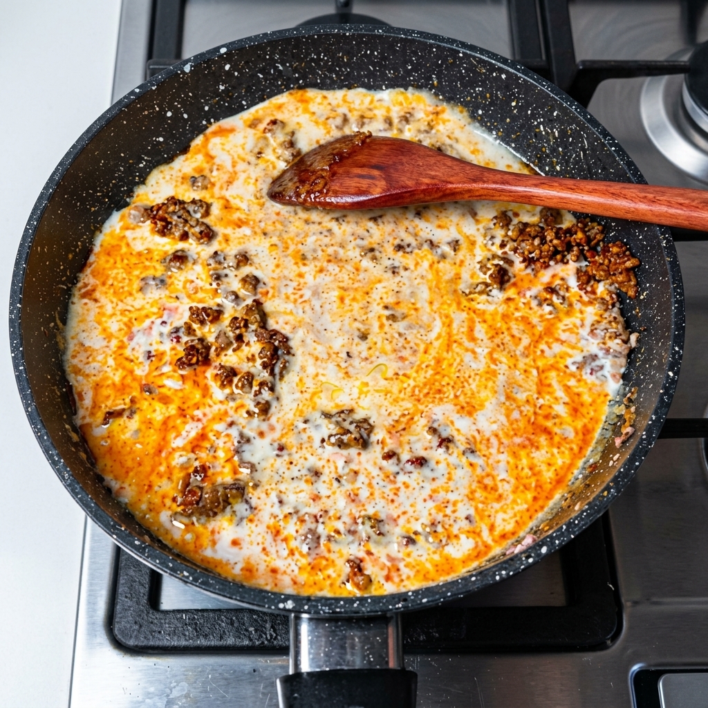 A pan on a stovetop with a prepared sauce mixture.