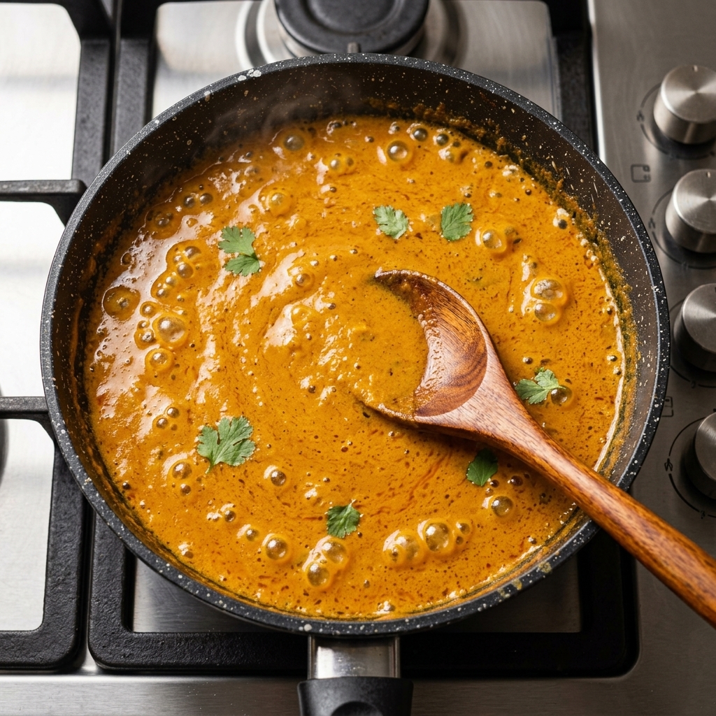 A thick, bubbling orange shacha and beef sauce being stirred in a pan.