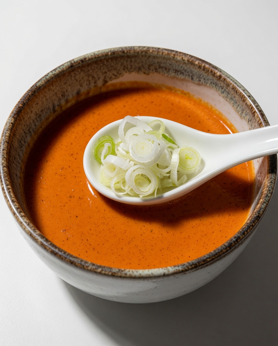 Fresh chopped green scallions being added to a bowl of orange dipping sauce.