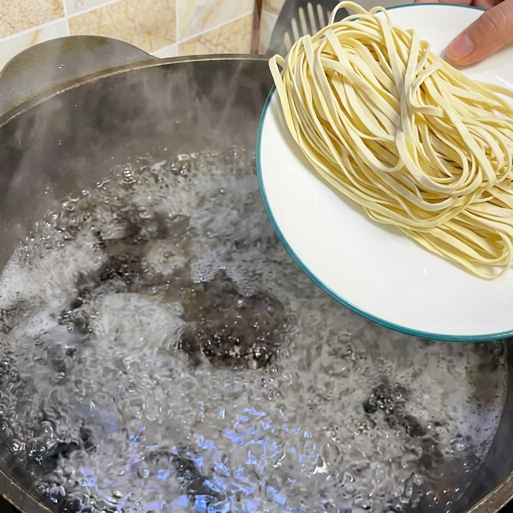 A hand holding a white plate and sliding flat, uncooked noodles into a large pot of boiling water.