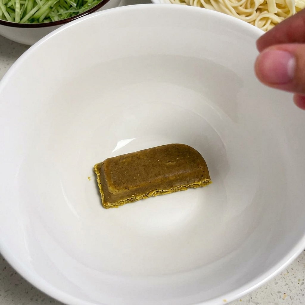 A rectangular block of curry seasoning sitting at the bottom of an empty white ceramic bowl.
