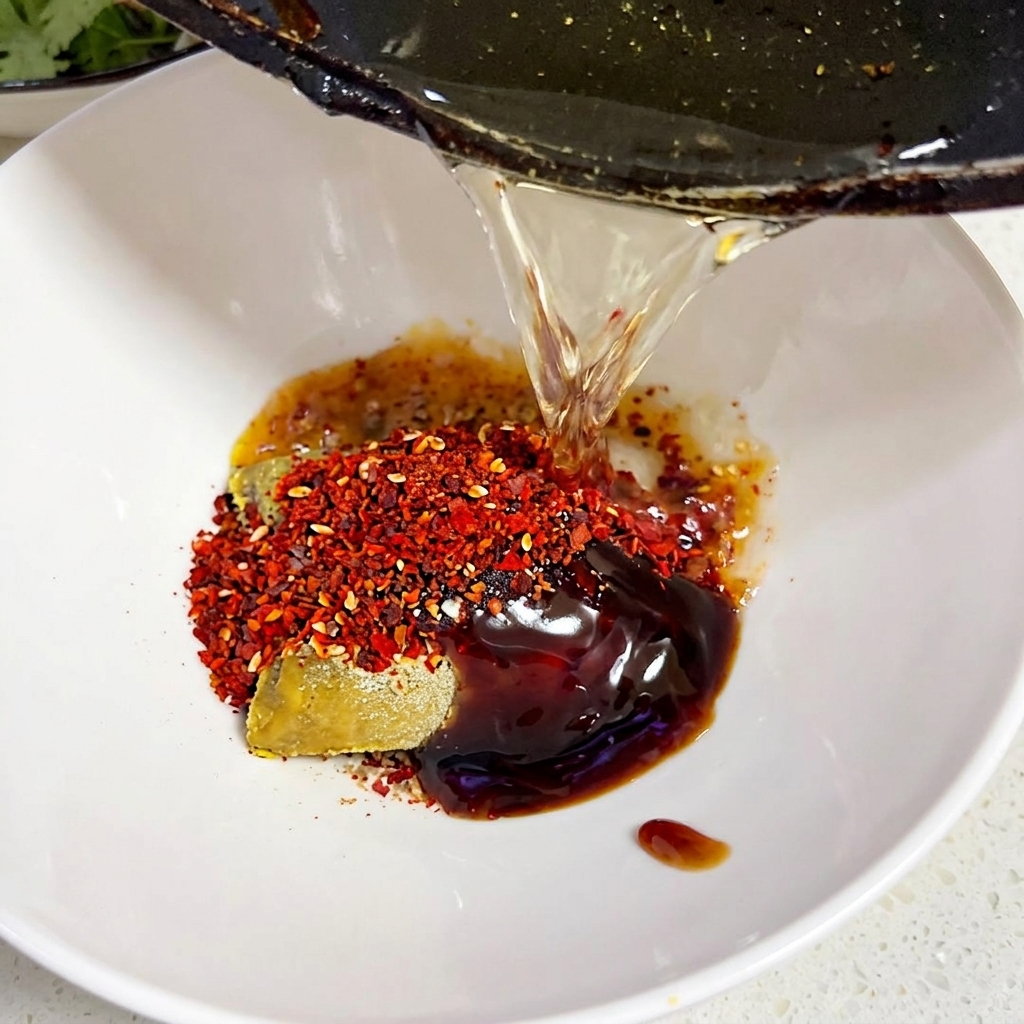Hot oil being poured from a dark skillet over a mound of red chili flakes and a curry block inside a white bowl.