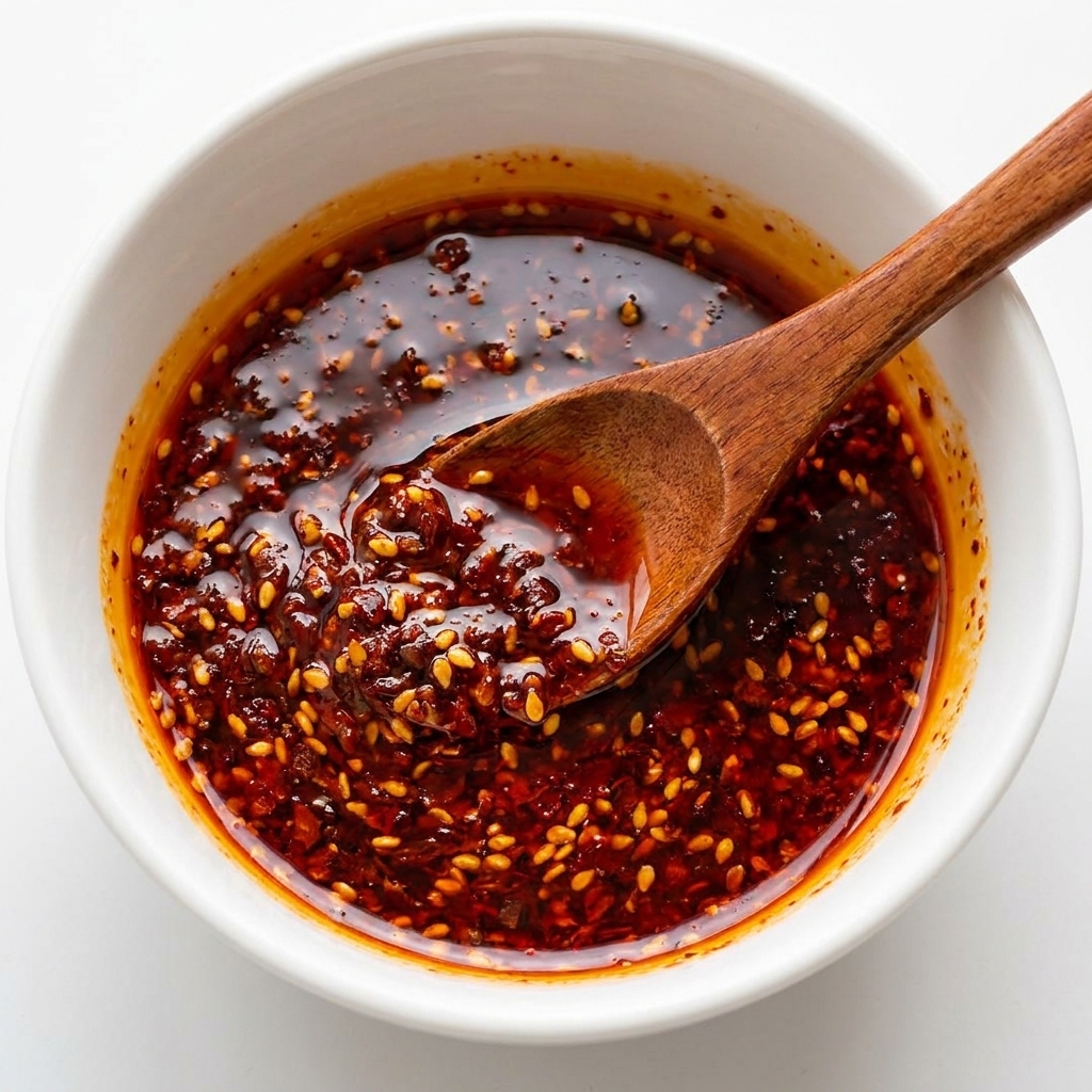 A dark red, glossy curry and chili sauce mixed with sesame seeds in a white bowl, with a wooden spoon resting inside.