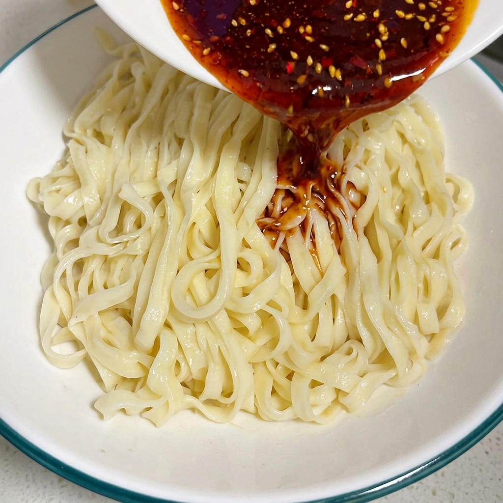 Rich, dark red chili and curry sauce being poured from a small bowl over a bed of cooked flat noodles in a larger bowl.