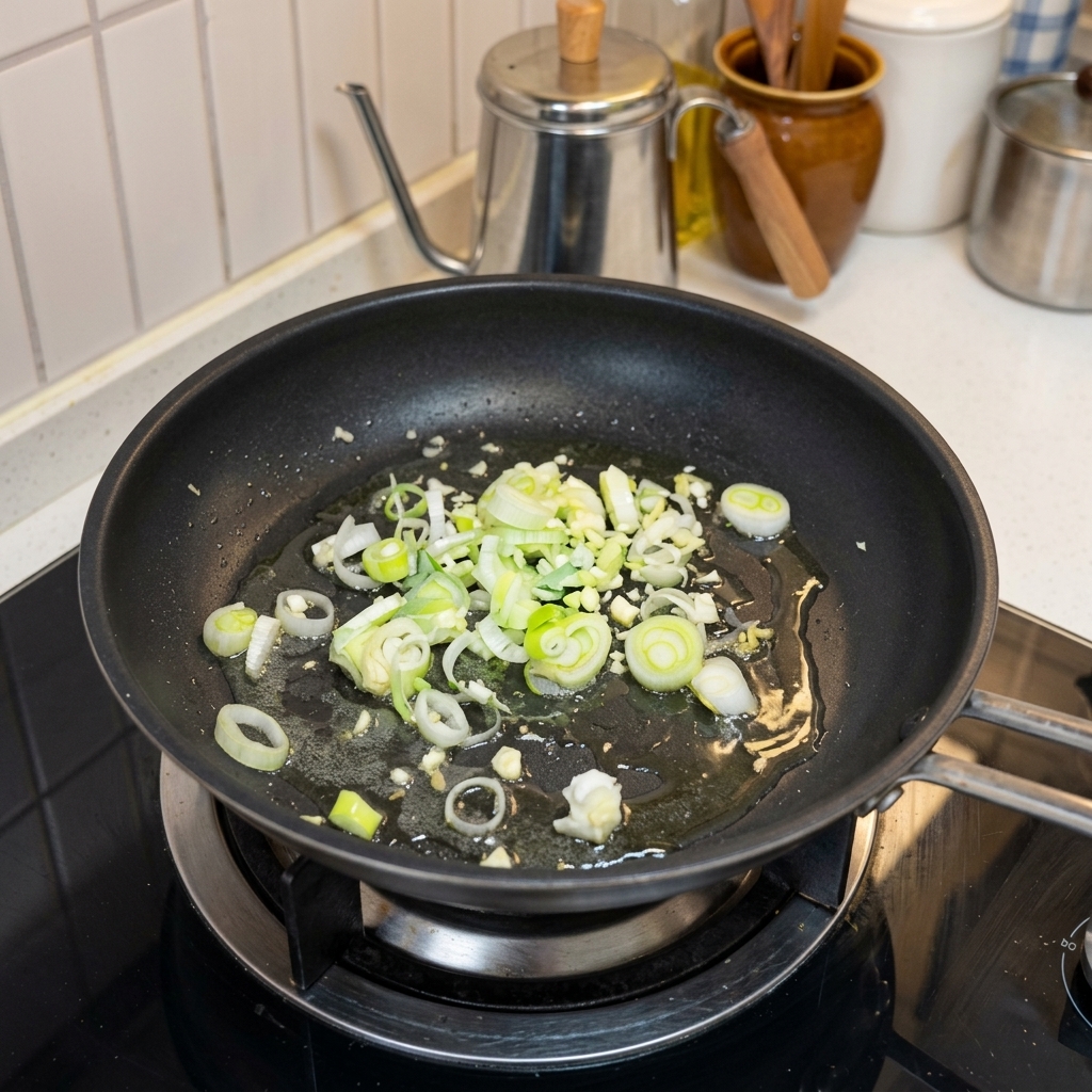 Minced garlic and green onions sautéing in a hot frying pan with oil.