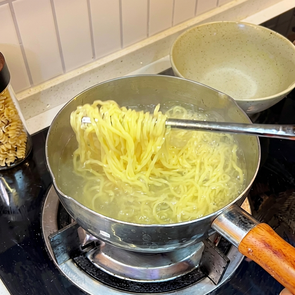 Freshly boiled ramen noodles being rinsed under cold water in a colander.