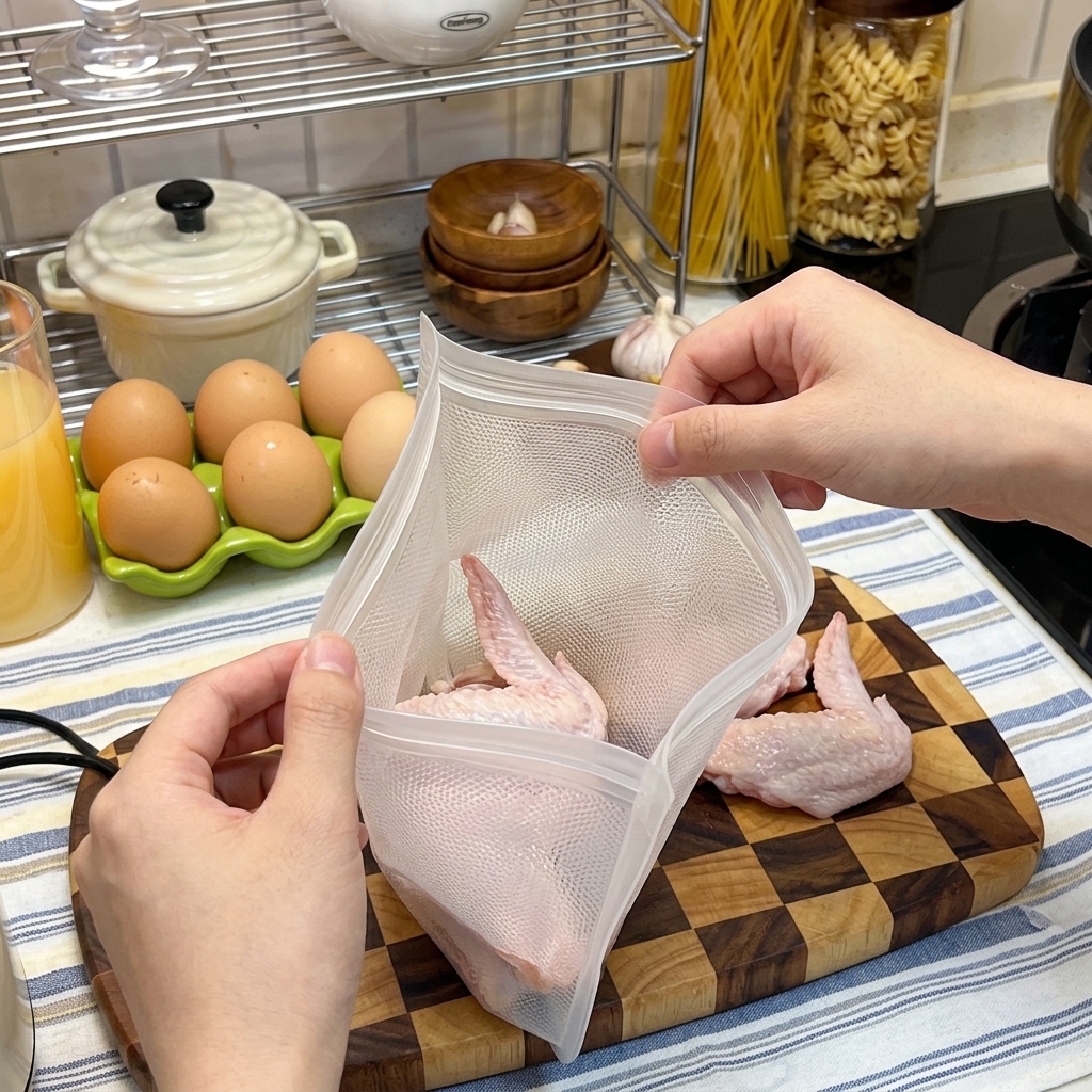 Chicken wings sealed in a plastic bag with soy sauce, ready for marinating.