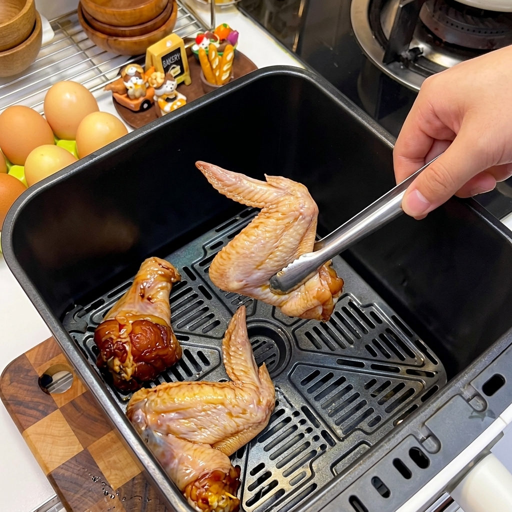 Marinated chicken wings neatly arranged in an air fryer basket, skin-side down.