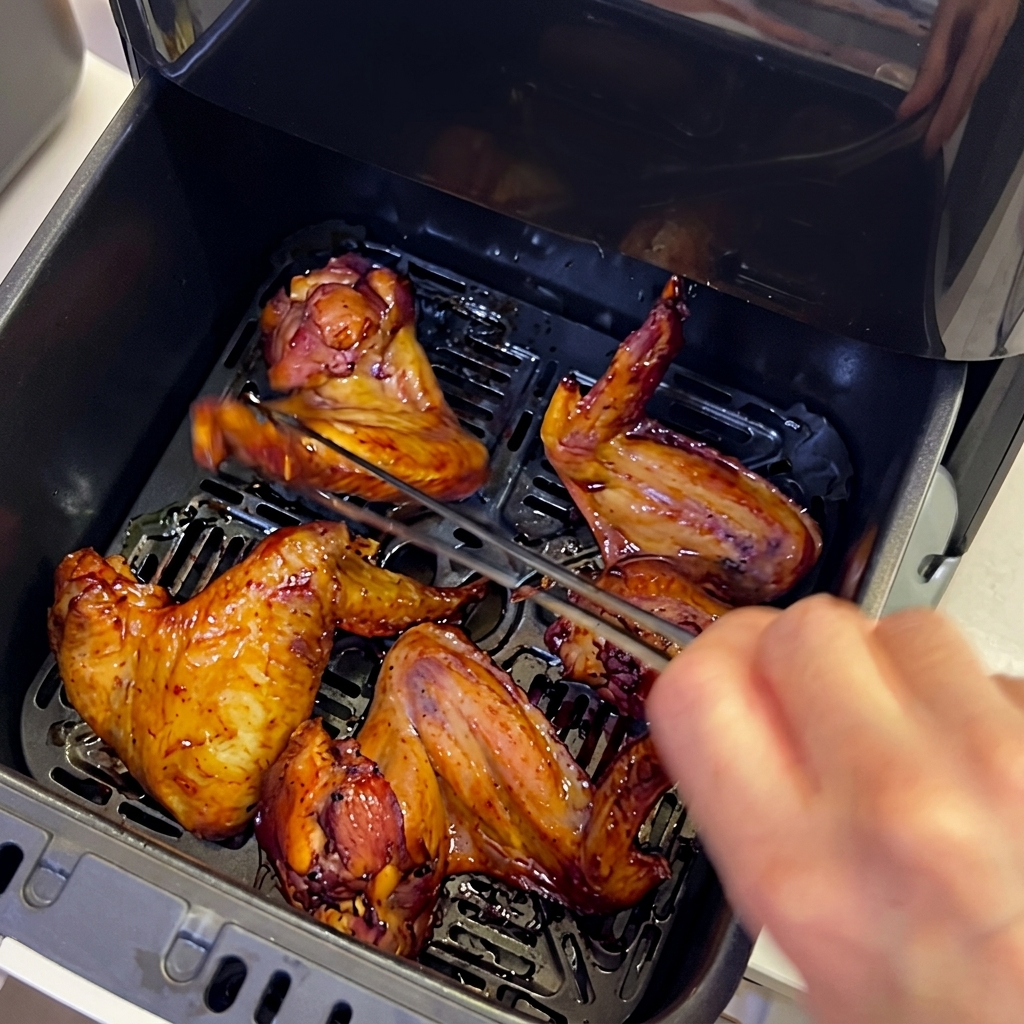 Crispy chicken wings in the air fryer being turned over with silver tongs.