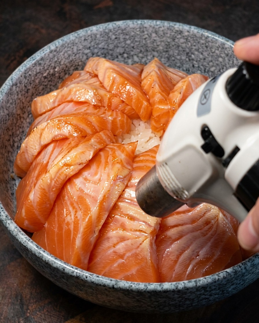 A kitchen blowtorch searing the top layer of salmon slices over a bowl of rice.