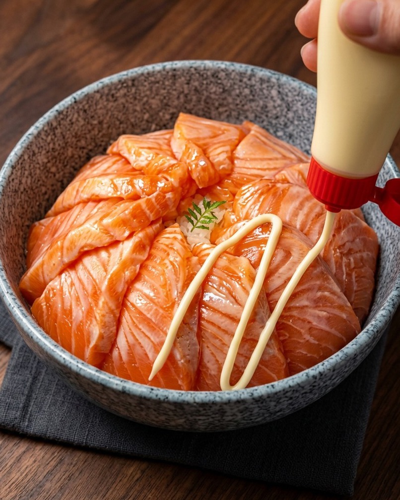 Top-down view of a salmon rice bowl being drizzled with thick lines of mayonnaise.