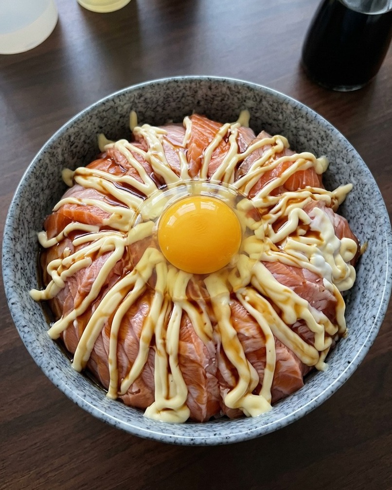 A salmon rice bowl with a fresh, runny soft-boiled egg placed in the center.