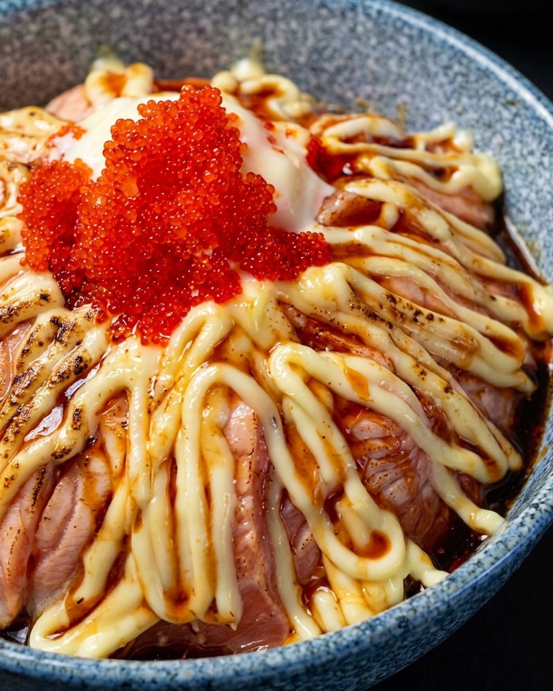 Blowtorch lightly searing the top of a salmon rice bowl topped with mayonnaise and fish roe.