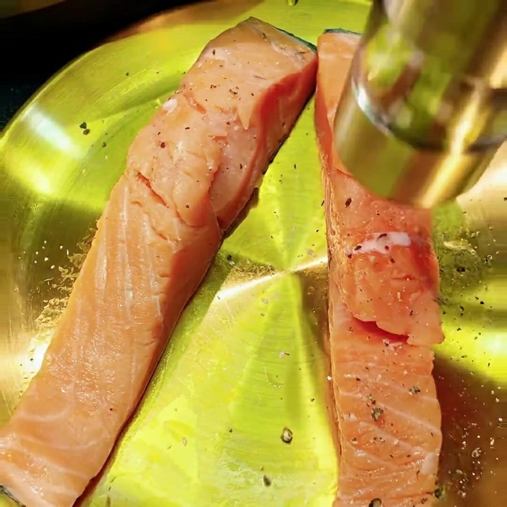 Two raw salmon fillets on a yellow plate being seasoned with a black pepper grinder.