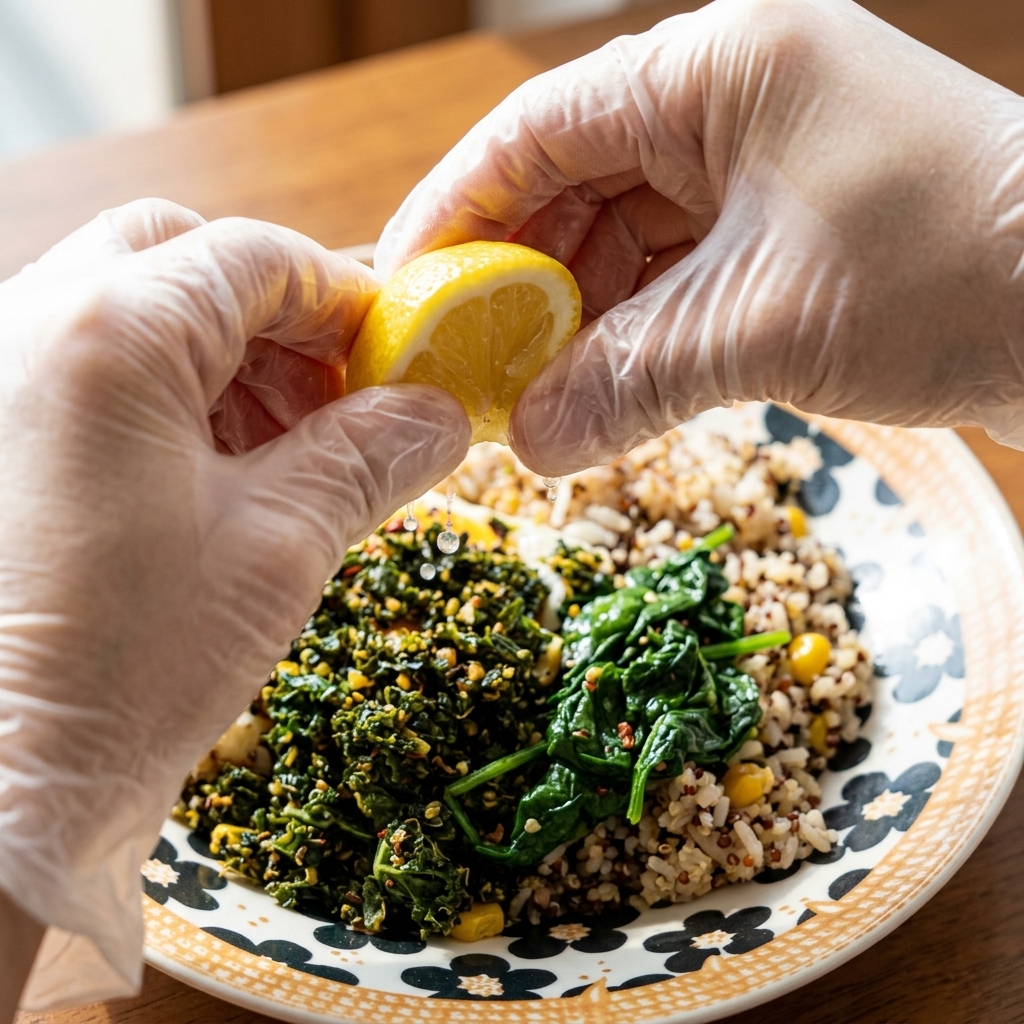 Gloved hands squeezing a fresh lemon half directly over a prepared salmon and grain bowl.