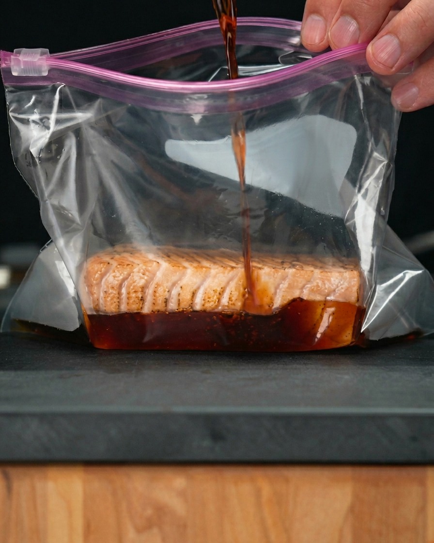 A seared salmon fillet inside a plastic bag, with kombu soy sauce being poured over it for marination.