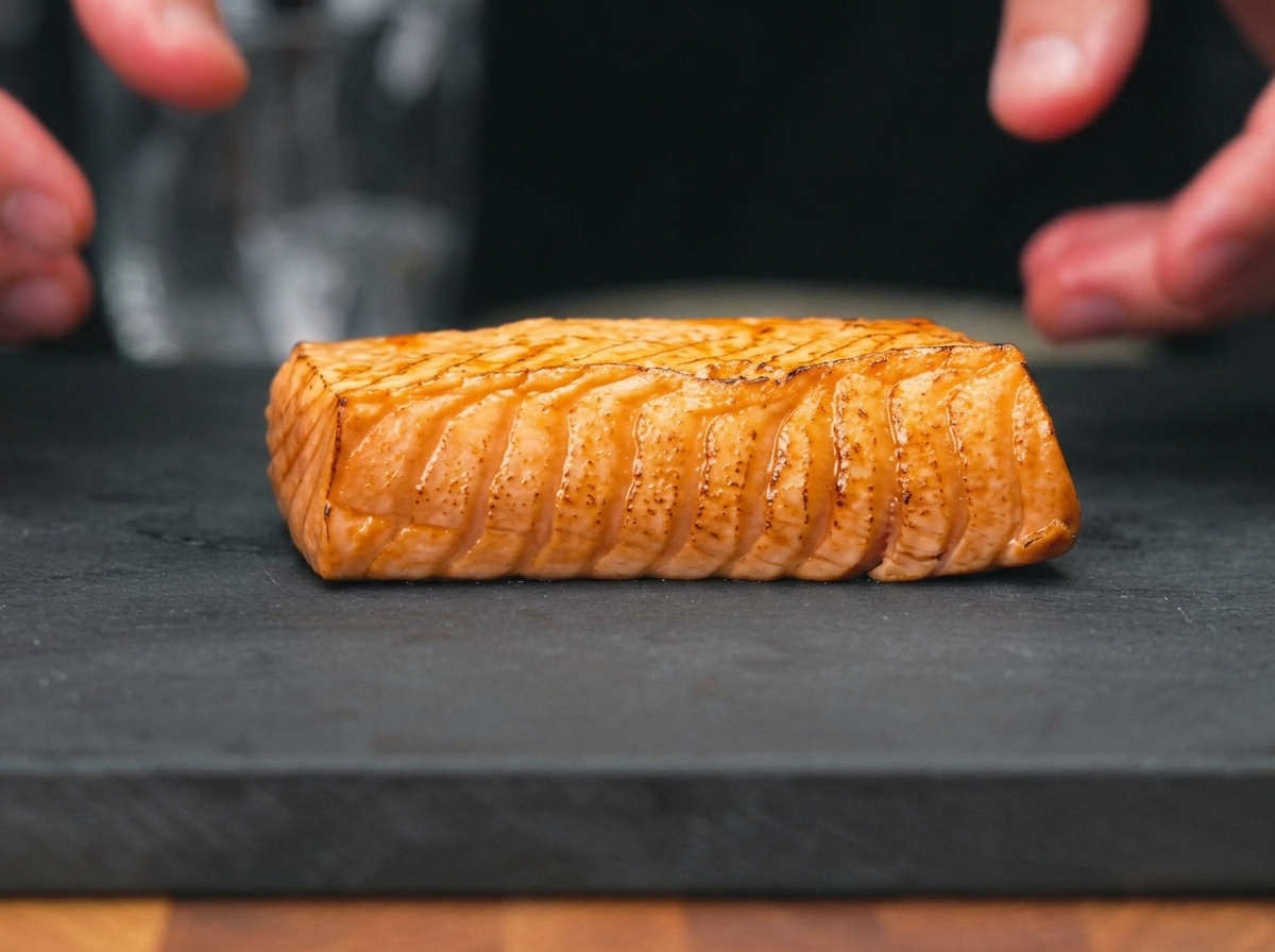 A piece of marinated, seared salmon being sliced into thick, uniform portions on a dark cutting board.