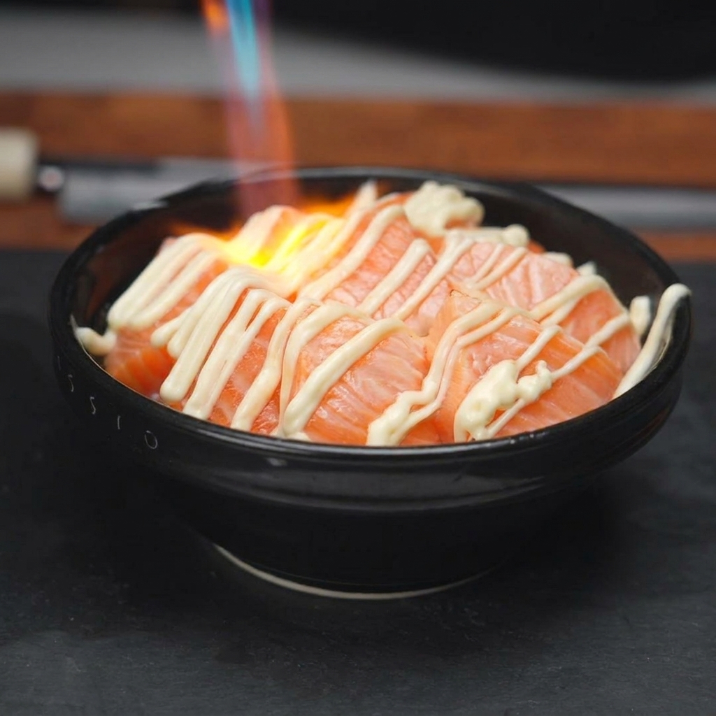 A kitchen torch flame searing the zig-zag pattern of mayonnaise on top of a salmon and rice bowl.