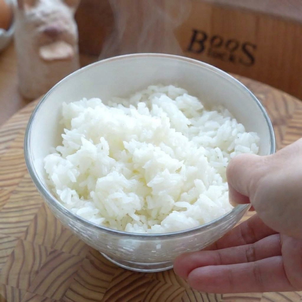 A white bowl filled with steaming rice topped with seasoned seaweed flakes.