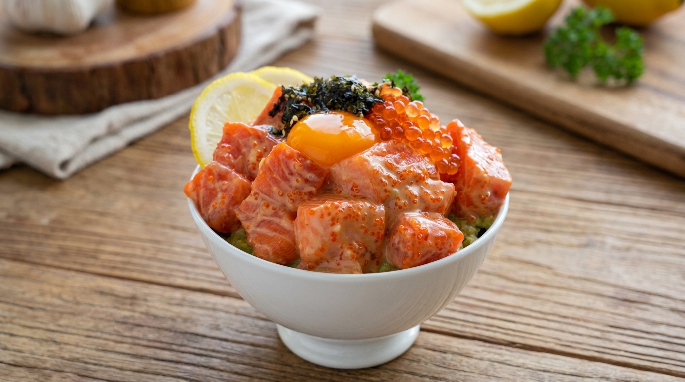 A stunning salmon avocado poke bowl topped with a glossy egg yolk, salmon roe, and seaweed.