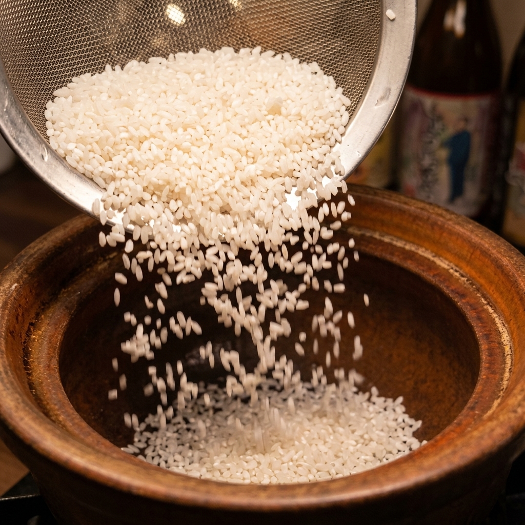 Soaked white rice being poured from a metal mesh strainer into a brown ceramic clay pot.