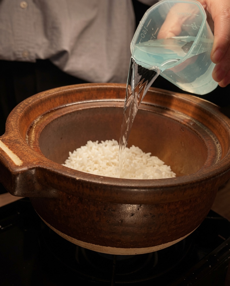 Water being poured from a measuring cup into a clay pot containing white rice.