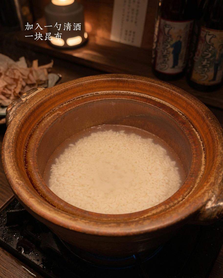 A square piece of dried dark kombu seaweed resting on top of the wet rice inside a clay pot.