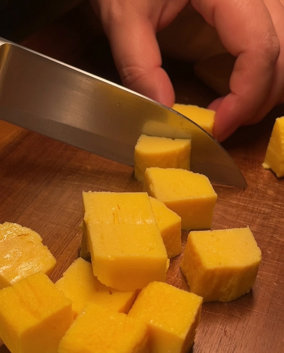Fresh avocado being sliced into thick, uniform wedges on a wooden cutting surface.