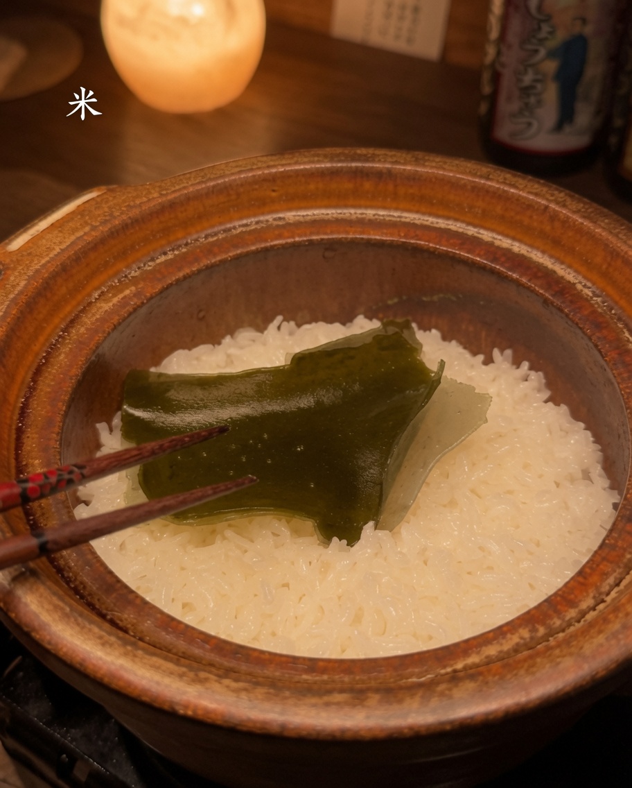 Chopsticks lifting a piece of cooked, softened kombu out of a clay pot filled with white rice.