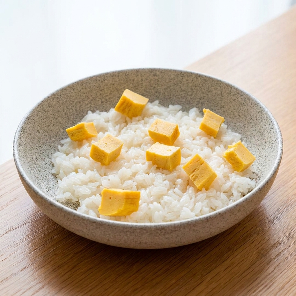 A speckled grey bowl filled with white rice, topped with scattered cubes of yellow tamagoyakicite: 1.