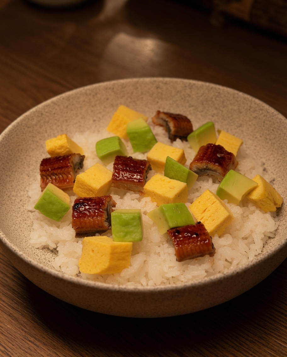 A bowl of rice beautifully topped with yellow tamagoyaki cubes, green avocado pieces, and chunks of glazed grilled eelcite: 1.