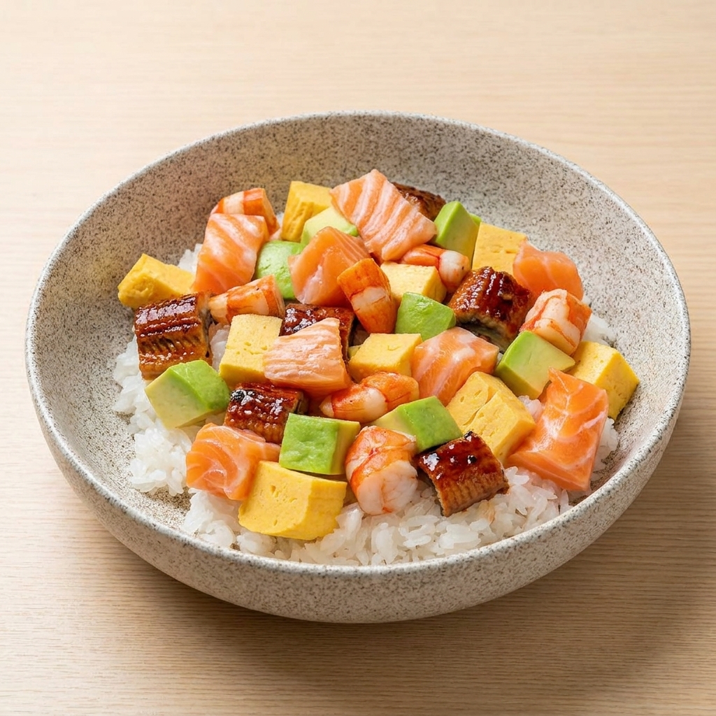A speckled bowl of chirashi sushi topped with a colorful mix of cubed raw salmon, tamagoyaki, avocado, grilled eel, and cooked shrimpcite: 1.