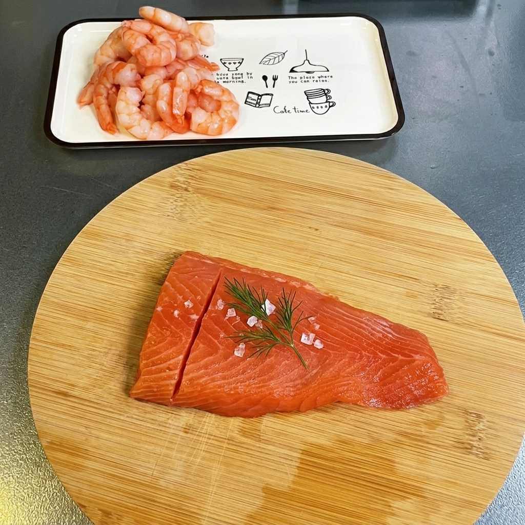 Fresh salmon fillet being cut into small, even cubes on a wooden cutting board.