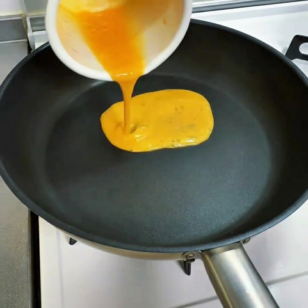 Beaten egg being poured into a hot non-stick pan to start the omelet.