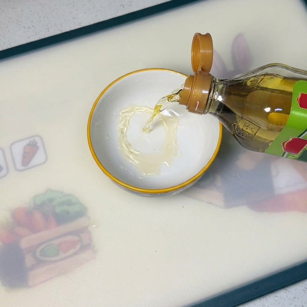 Apple cider vinegar being poured from a glass bottle into a small white bowl, with sugar and salt visible at the bottom, ready to be stirred.