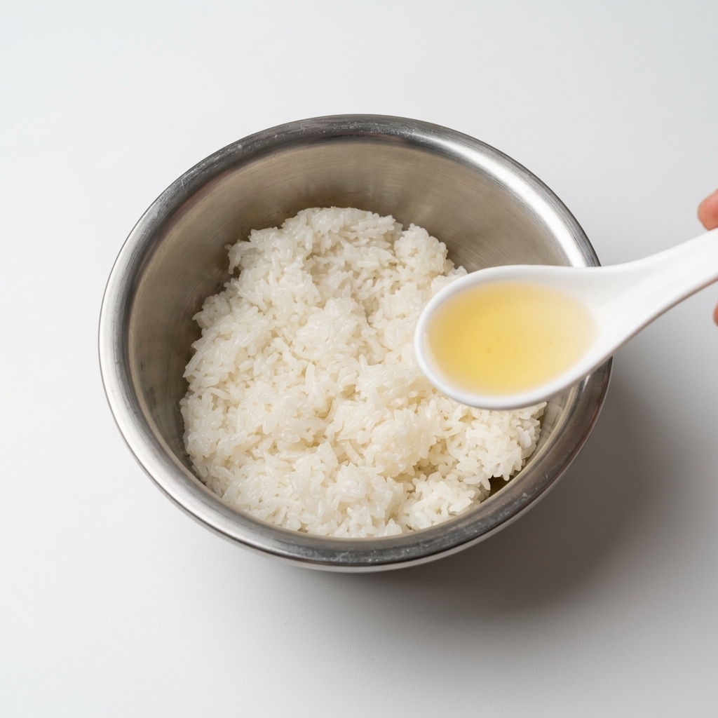A metal bowl filled with white cooked rice, with a white spoon drizzling seasoned vinegar onto the rice, while a light spray of corn oil is applied.