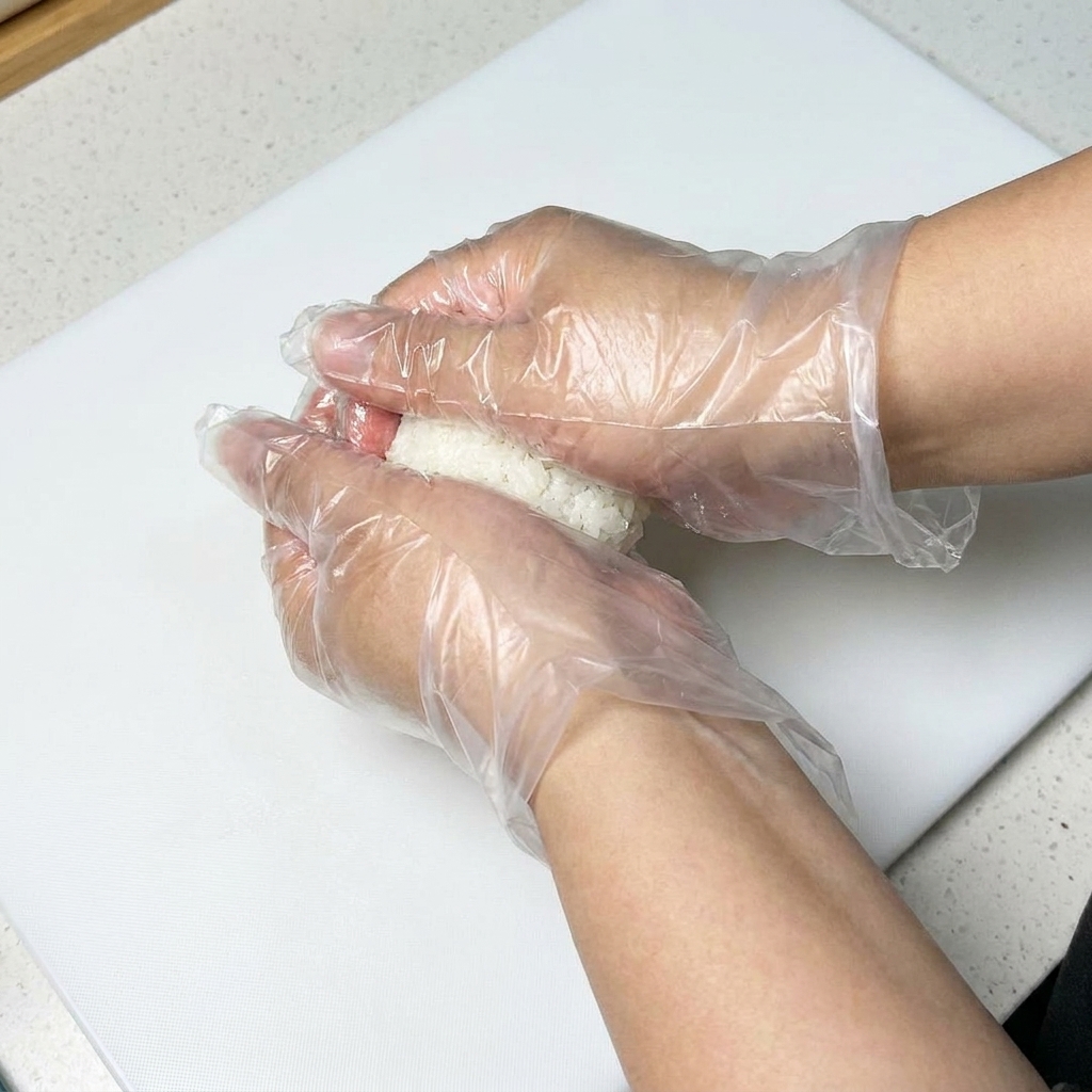 A pair of hands wearing clear plastic gloves carefully shaping seasoned white rice into small, compact, oval-shaped sushi rice balls on a clean white surface.