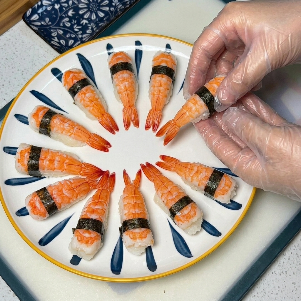 A piece of shrimp sushi being wrapped with a thin strip of dark seaweed around the center, showing the shrimp and rice securely bound together.