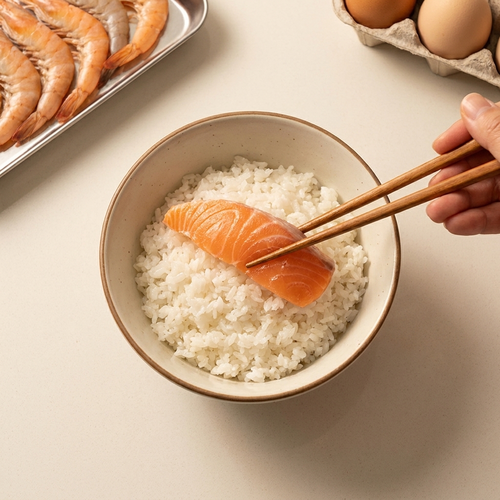Chopsticks placing a piece of fresh salmon slice onto a bed of sushi rice in a bowl.