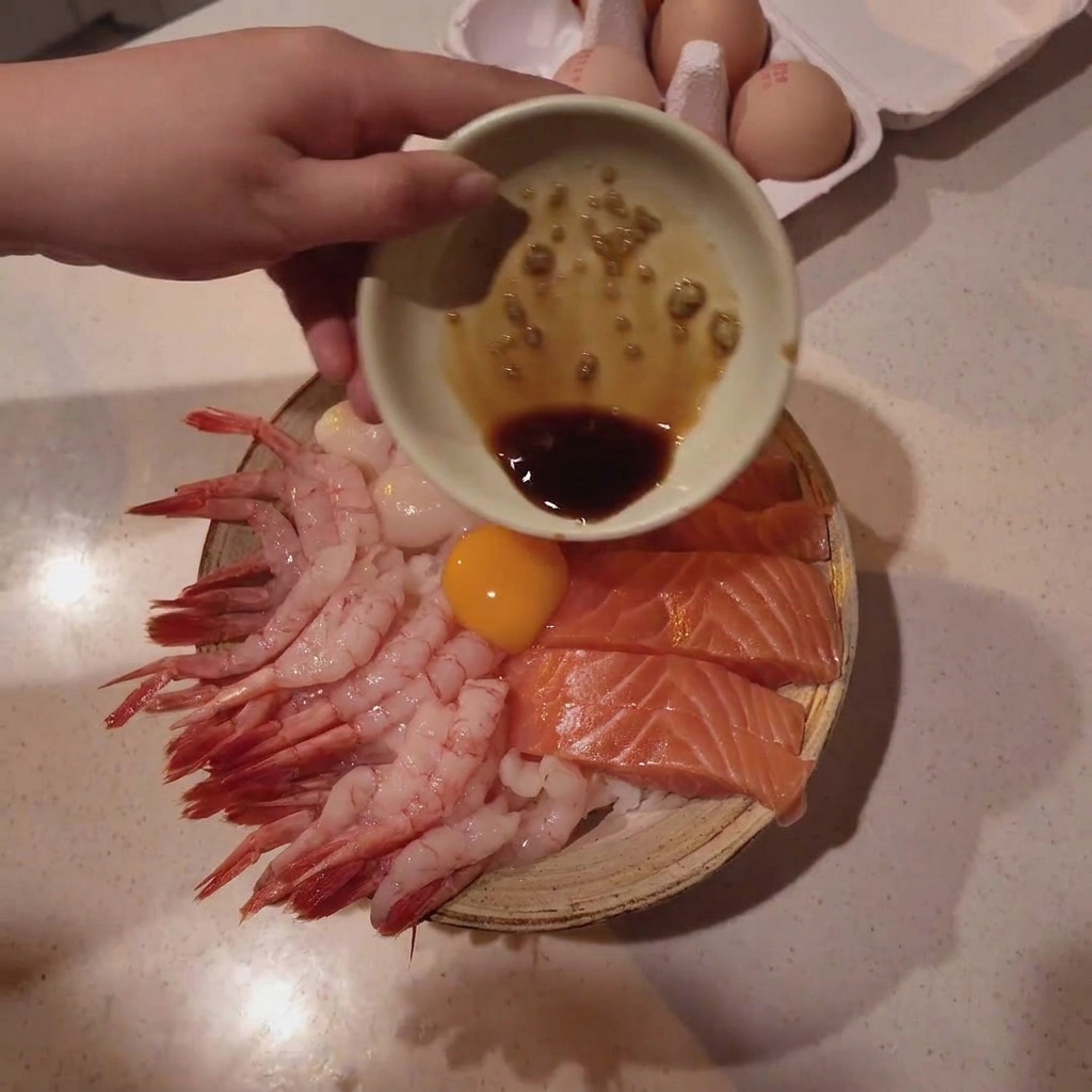 A hand holding a small bowl, pouring seasoned soy sauce over the arranged seafood rice bowl.