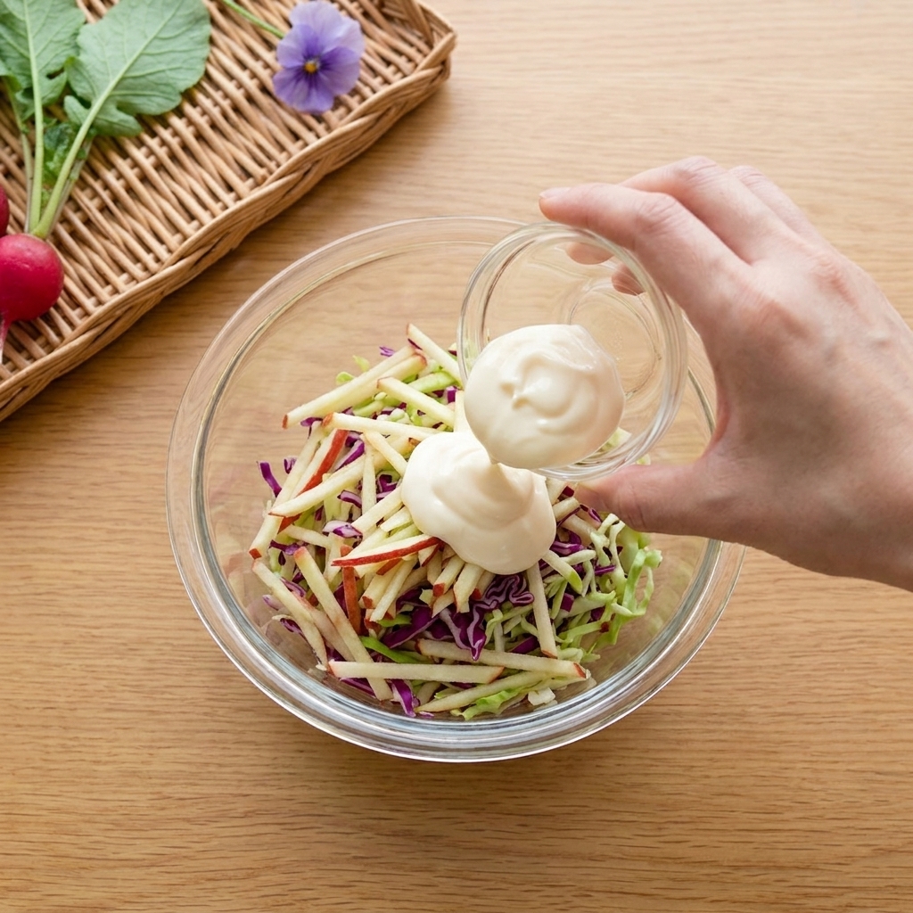 A mixture of tuna cucumber and apple being stirred with mayonnaise in a bowl.