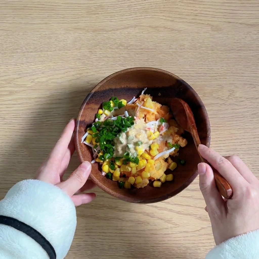 Mashed potatoes combined with crab sticks, corn, and greens in a mixing bowl.