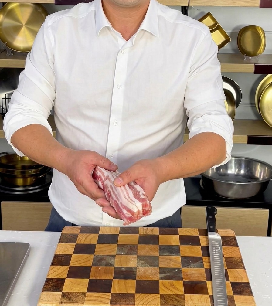 A close-up view of a chef slicing raw pork belly into consistent 0.5 cm thick strips on a wooden cutting board.