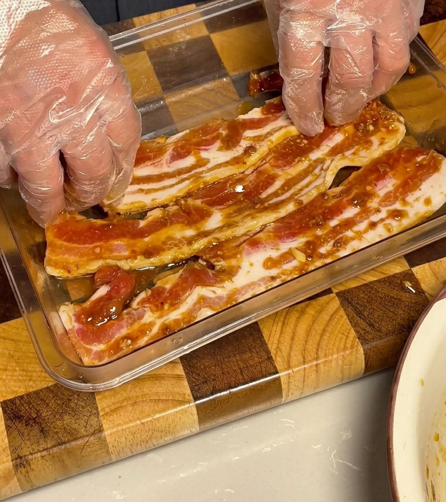 Marinated pork belly neatly packed in a glass container, covered with the savory sauce.