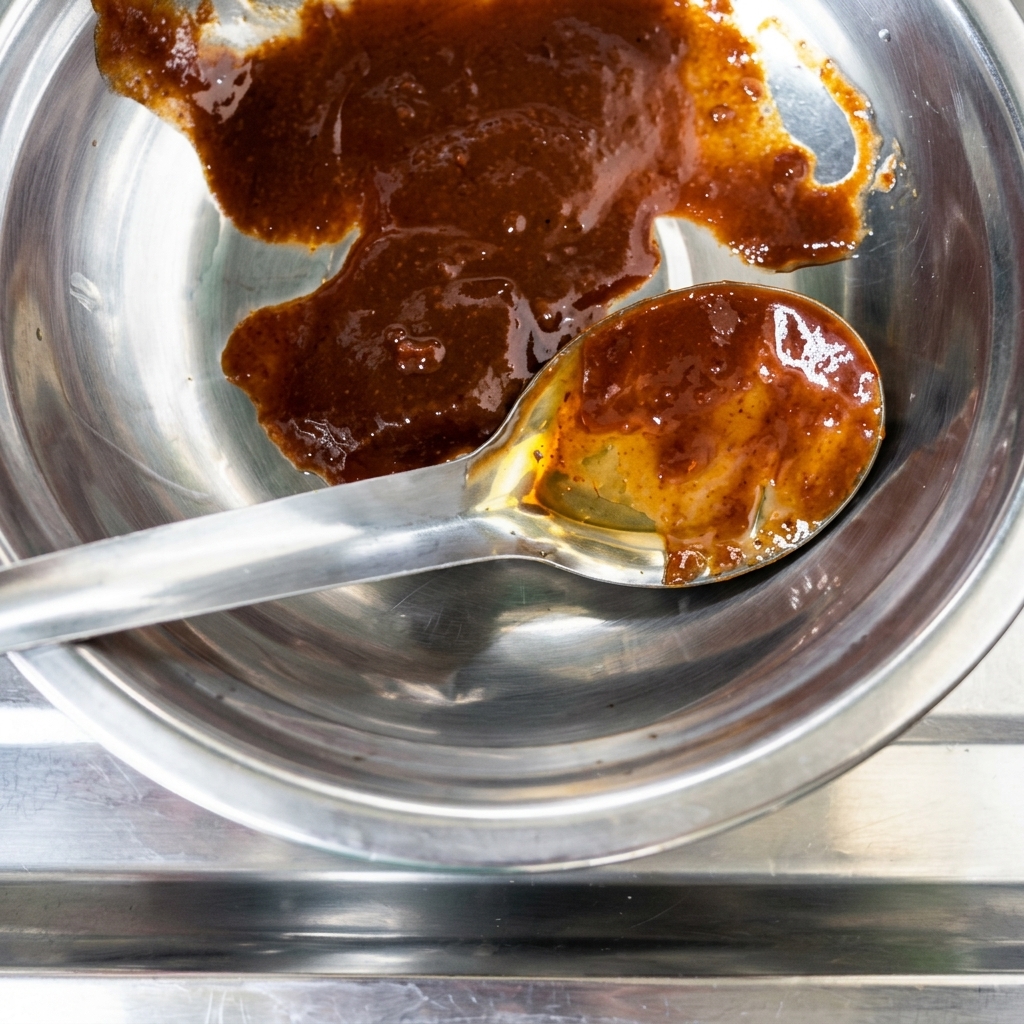 A spoonful of thick soybean paste being added to the metal bowl containing the chili sauce.