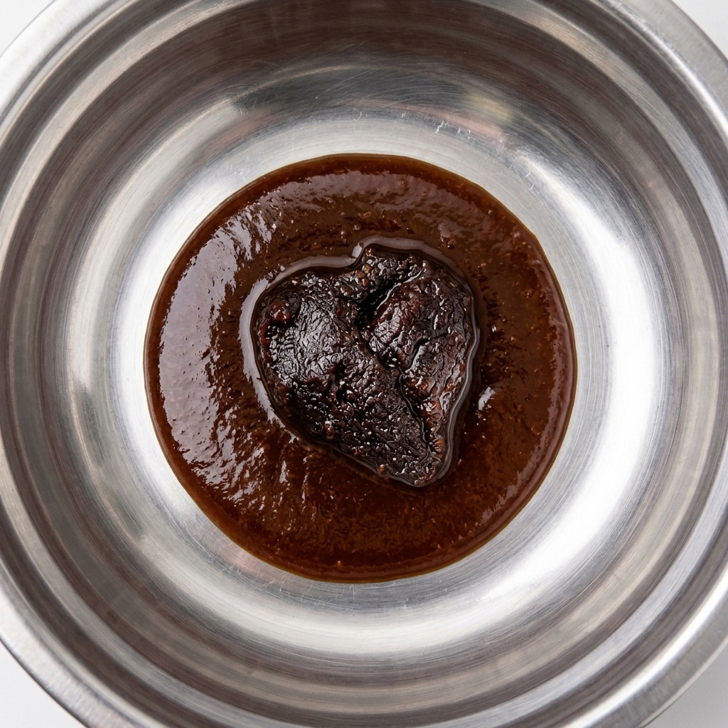 A mixture of various bean pastes in a bowl being stirred with beer to create a consistent sauce.